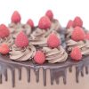 Close up of gourmet chocolate celebration cake with chocolate icing and strawberry topping