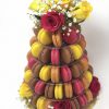 Celebration French macarons 5-tier tower topped with fresh roses